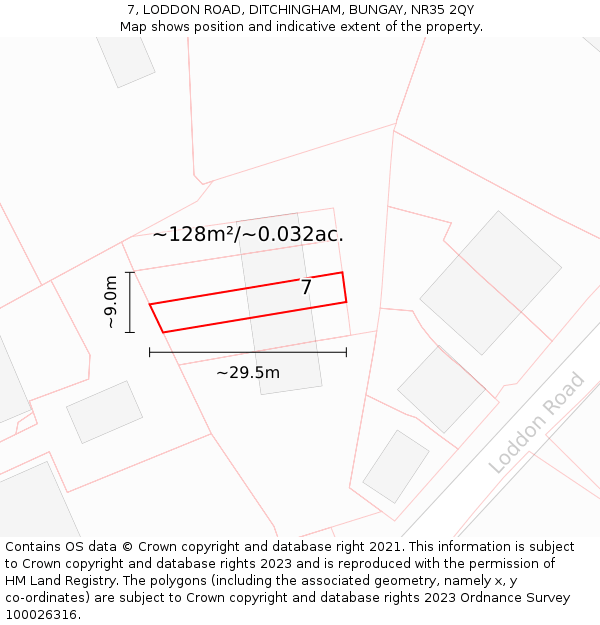 7, LODDON ROAD, DITCHINGHAM, BUNGAY, NR35 2QY: Plot and title map