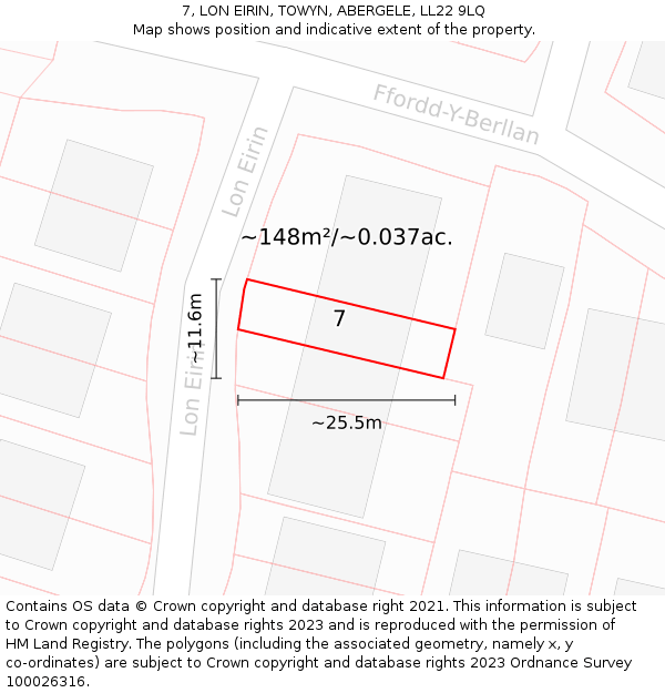 7, LON EIRIN, TOWYN, ABERGELE, LL22 9LQ: Plot and title map