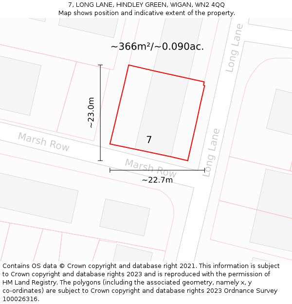 7, LONG LANE, HINDLEY GREEN, WIGAN, WN2 4QQ: Plot and title map