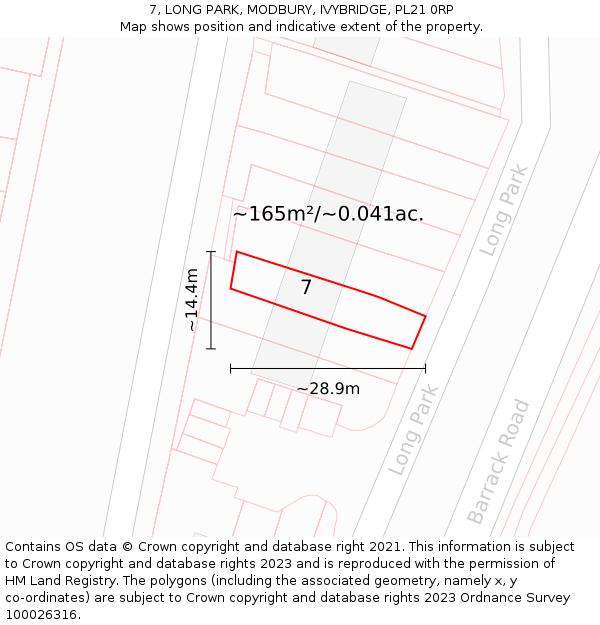 7, LONG PARK, MODBURY, IVYBRIDGE, PL21 0RP: Plot and title map
