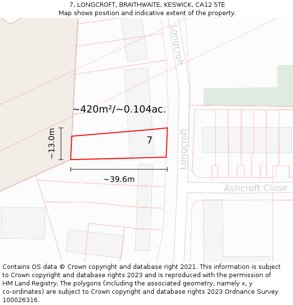 7, LONGCROFT, BRAITHWAITE, KESWICK, CA12 5TE: Plot and title map