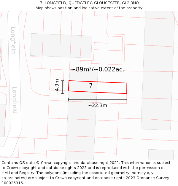 7, LONGFIELD, QUEDGELEY, GLOUCESTER, GL2 3NQ: Plot and title map