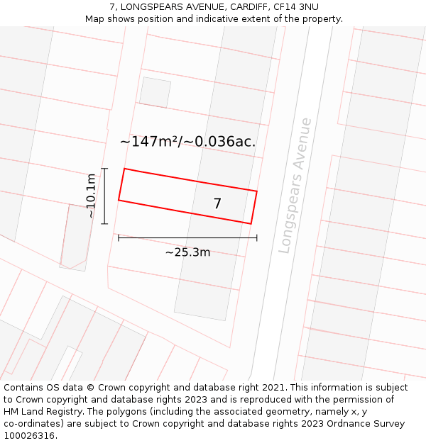 7, LONGSPEARS AVENUE, CARDIFF, CF14 3NU: Plot and title map