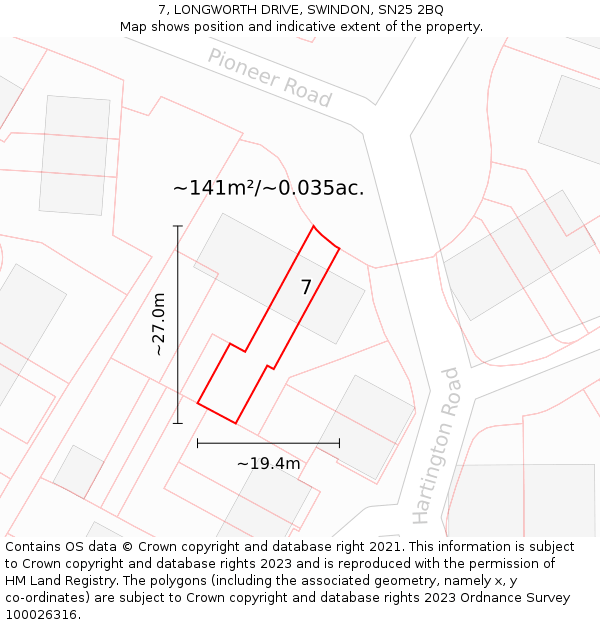 7, LONGWORTH DRIVE, SWINDON, SN25 2BQ: Plot and title map