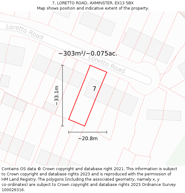 7, LORETTO ROAD, AXMINSTER, EX13 5BX: Plot and title map