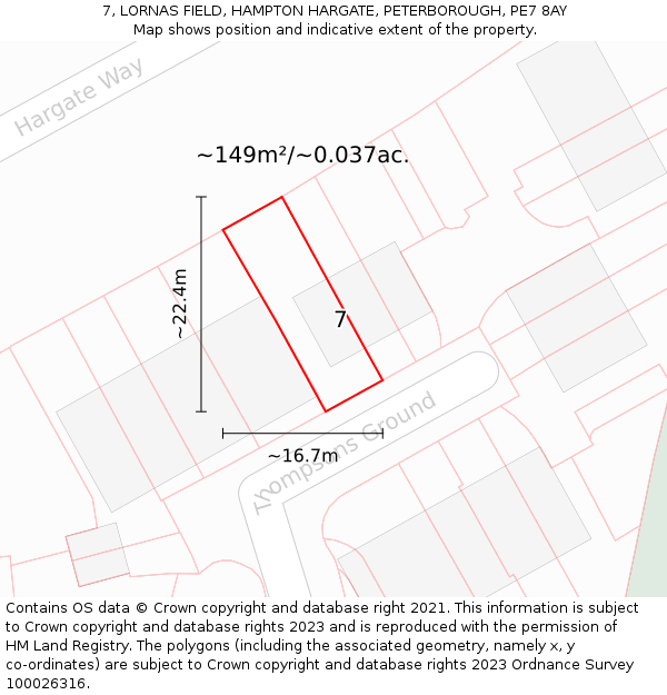 7, LORNAS FIELD, HAMPTON HARGATE, PETERBOROUGH, PE7 8AY: Plot and title map