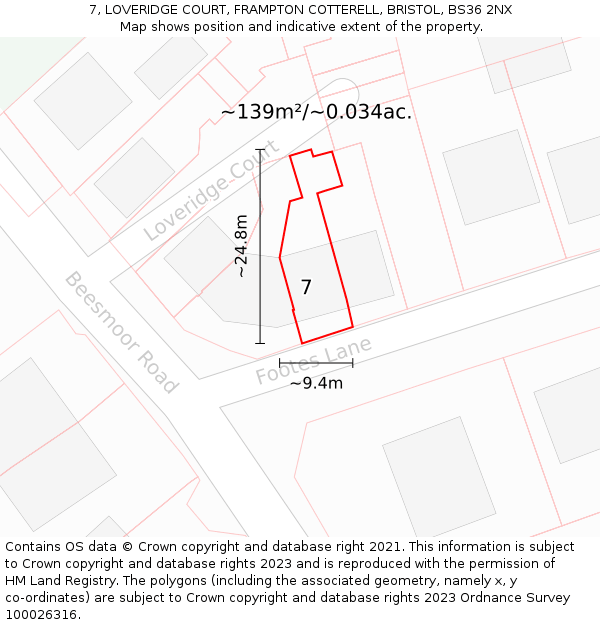7, LOVERIDGE COURT, FRAMPTON COTTERELL, BRISTOL, BS36 2NX: Plot and title map