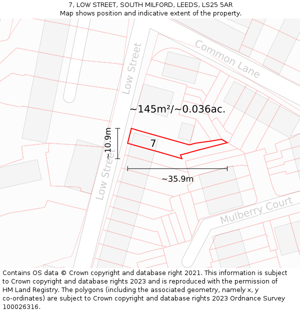 7, LOW STREET, SOUTH MILFORD, LEEDS, LS25 5AR: Plot and title map