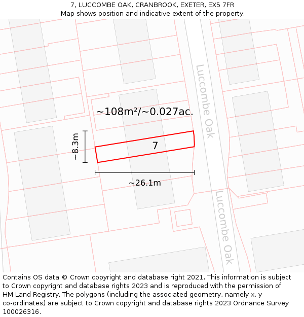 7, LUCCOMBE OAK, CRANBROOK, EXETER, EX5 7FR: Plot and title map