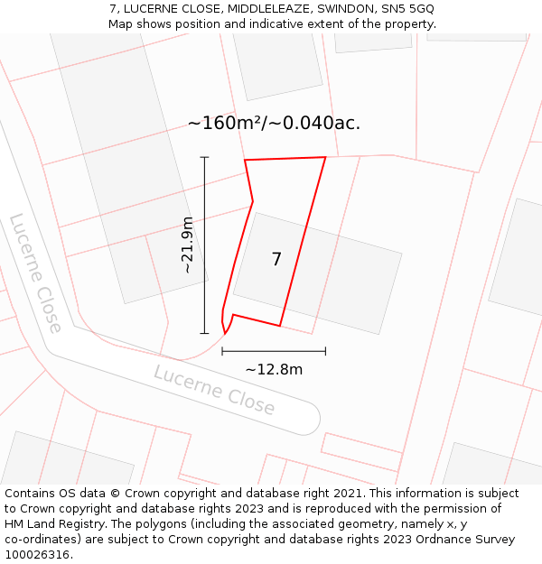 7, LUCERNE CLOSE, MIDDLELEAZE, SWINDON, SN5 5GQ: Plot and title map