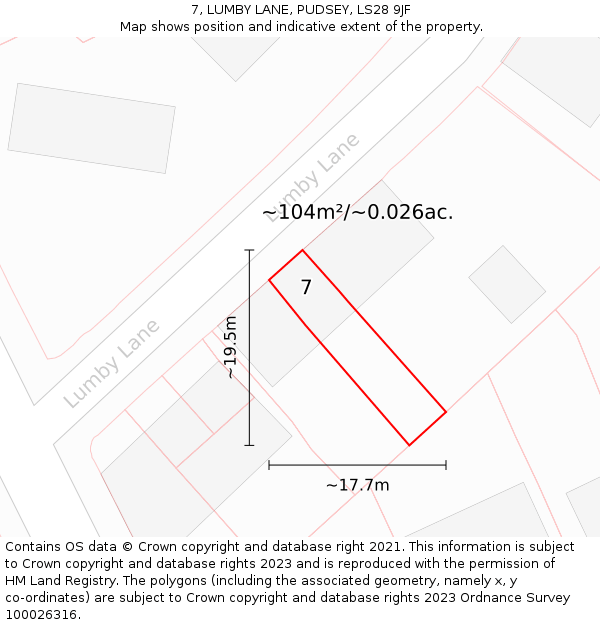 7, LUMBY LANE, PUDSEY, LS28 9JF: Plot and title map