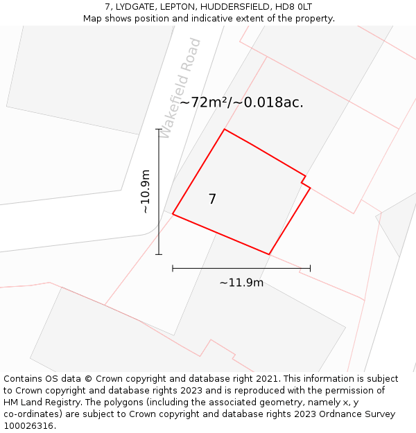 7, LYDGATE, LEPTON, HUDDERSFIELD, HD8 0LT: Plot and title map