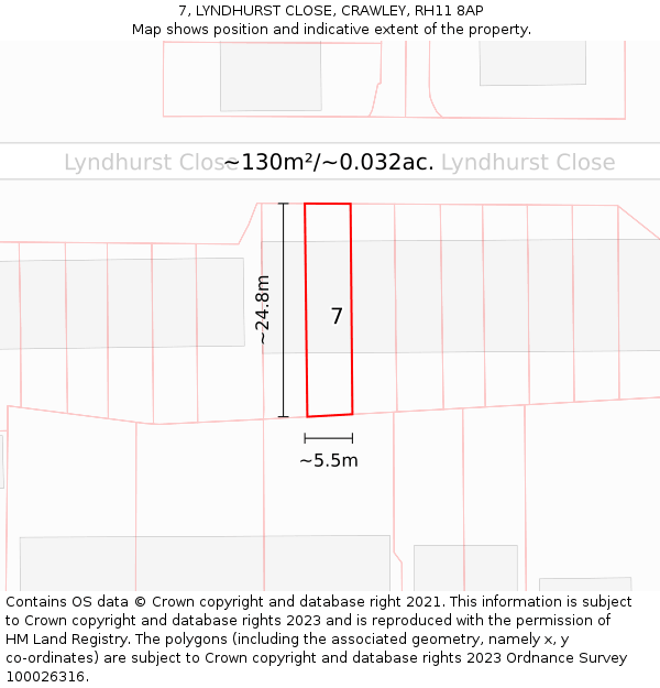 7, LYNDHURST CLOSE, CRAWLEY, RH11 8AP: Plot and title map