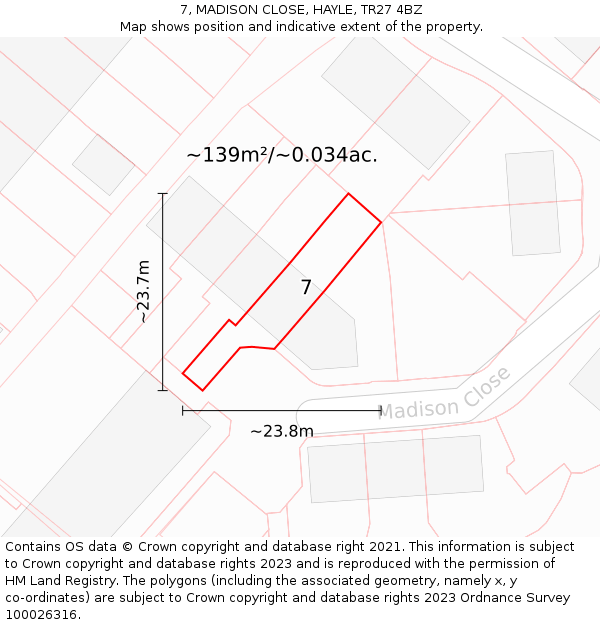 7, MADISON CLOSE, HAYLE, TR27 4BZ: Plot and title map