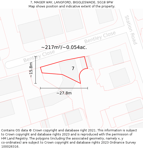 7, MAGER WAY, LANGFORD, BIGGLESWADE, SG18 9PW: Plot and title map