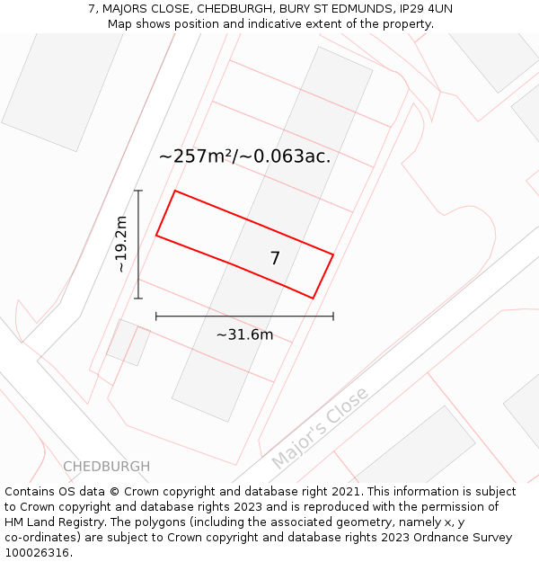 7, MAJORS CLOSE, CHEDBURGH, BURY ST EDMUNDS, IP29 4UN: Plot and title map