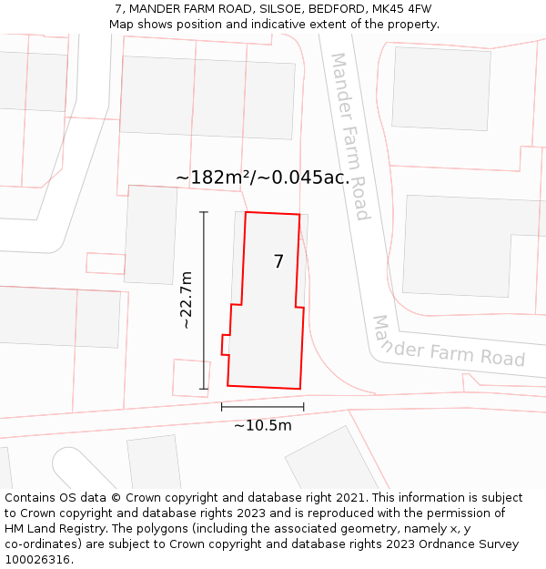 7, MANDER FARM ROAD, SILSOE, BEDFORD, MK45 4FW: Plot and title map