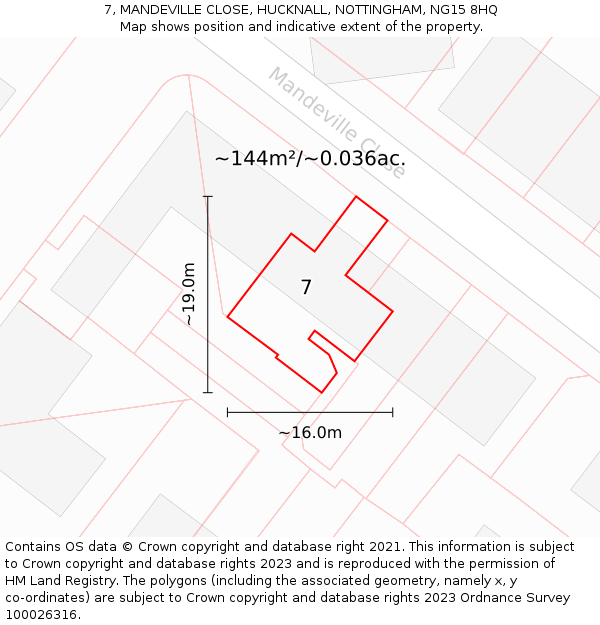 7, MANDEVILLE CLOSE, HUCKNALL, NOTTINGHAM, NG15 8HQ: Plot and title map