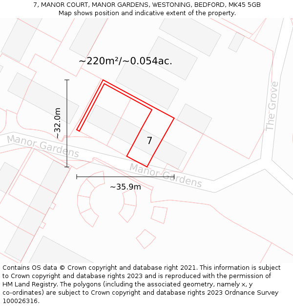 7, MANOR COURT, MANOR GARDENS, WESTONING, BEDFORD, MK45 5GB: Plot and title map