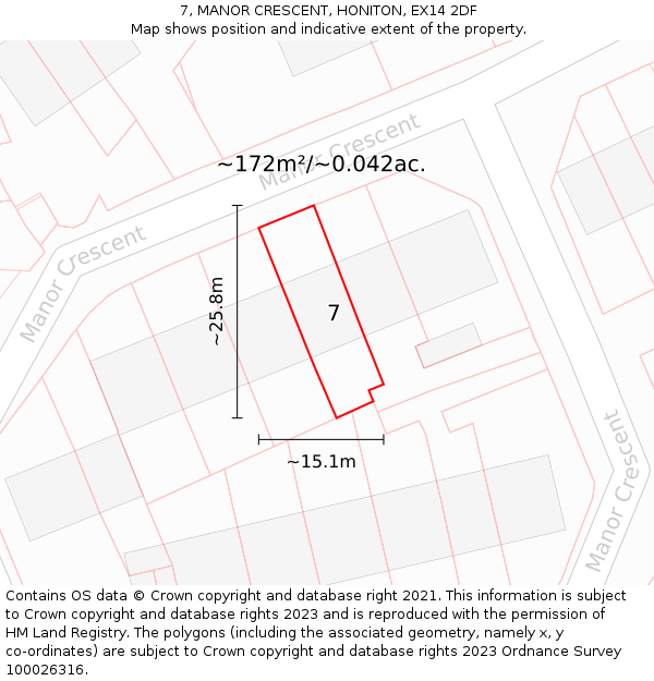 7, MANOR CRESCENT, HONITON, EX14 2DF: Plot and title map