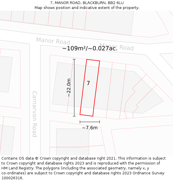 7, MANOR ROAD, BLACKBURN, BB2 6LU: Plot and title map