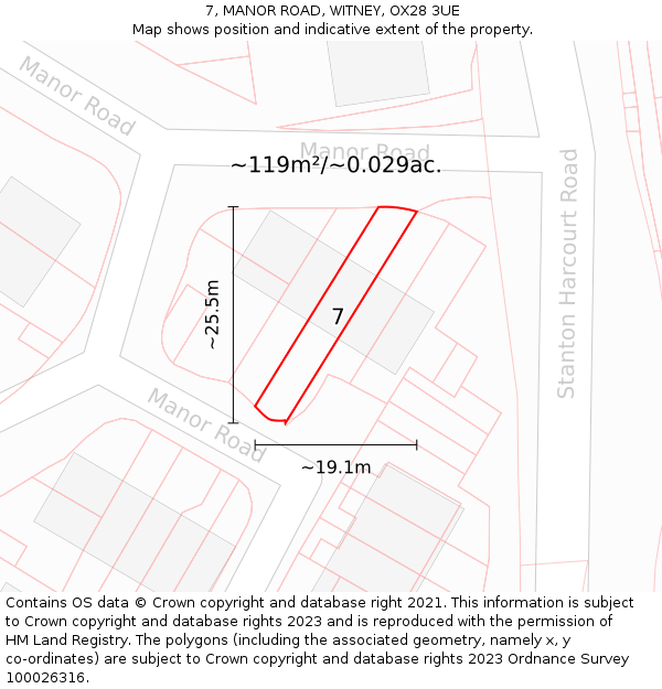 7, MANOR ROAD, WITNEY, OX28 3UE: Plot and title map