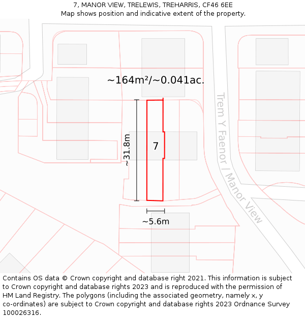 7, MANOR VIEW, TRELEWIS, TREHARRIS, CF46 6EE: Plot and title map