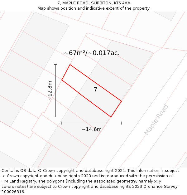 7, MAPLE ROAD, SURBITON, KT6 4AA: Plot and title map