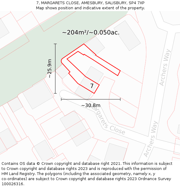 7, MARGARETS CLOSE, AMESBURY, SALISBURY, SP4 7XP: Plot and title map