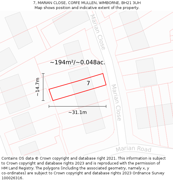 7, MARIAN CLOSE, CORFE MULLEN, WIMBORNE, BH21 3UH: Plot and title map