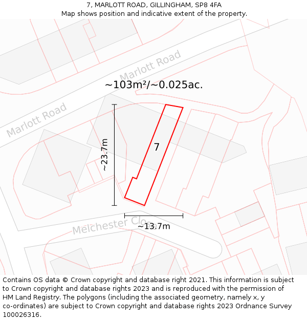7, MARLOTT ROAD, GILLINGHAM, SP8 4FA: Plot and title map