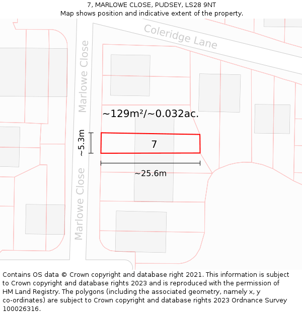 7, MARLOWE CLOSE, PUDSEY, LS28 9NT: Plot and title map