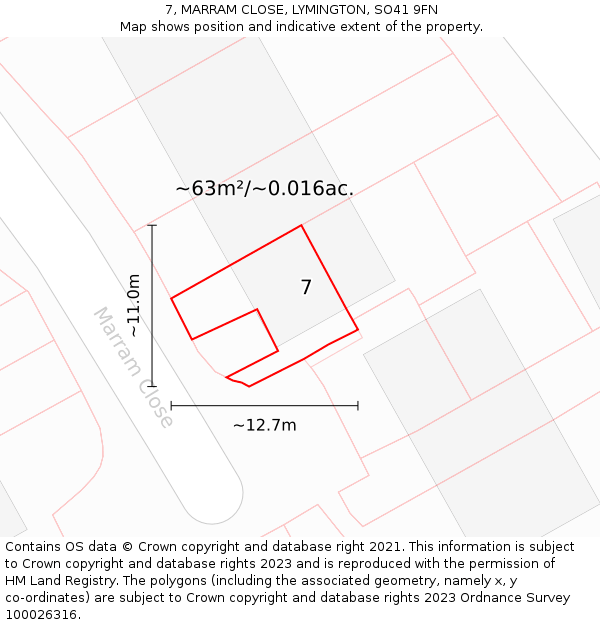 7, MARRAM CLOSE, LYMINGTON, SO41 9FN: Plot and title map