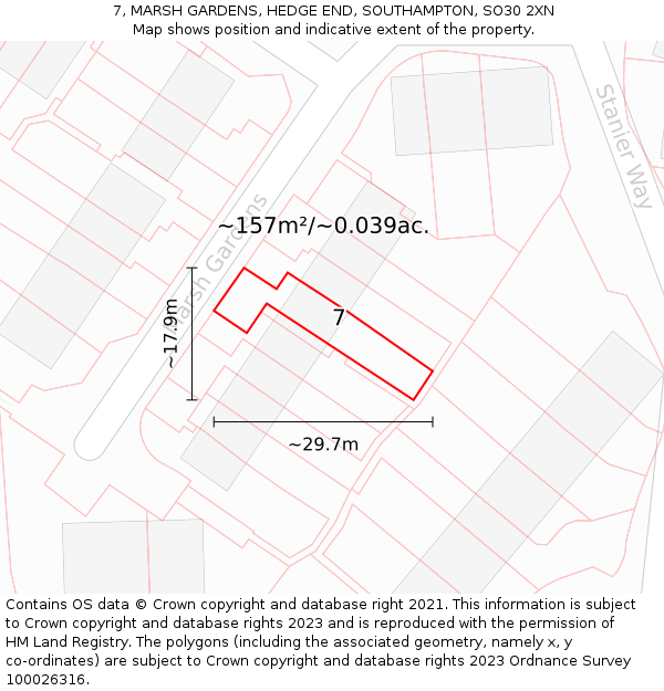 7, MARSH GARDENS, HEDGE END, SOUTHAMPTON, SO30 2XN: Plot and title map