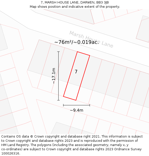 7, MARSH HOUSE LANE, DARWEN, BB3 3JB: Plot and title map