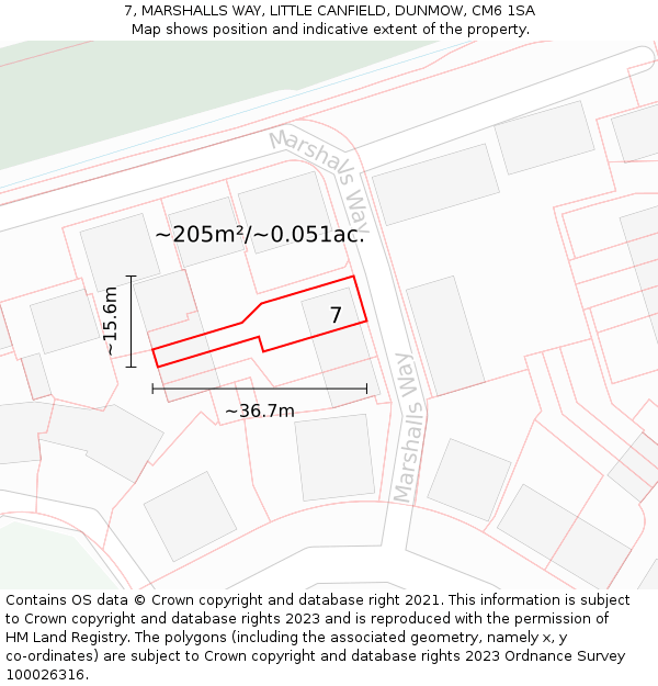7, MARSHALLS WAY, LITTLE CANFIELD, DUNMOW, CM6 1SA: Plot and title map