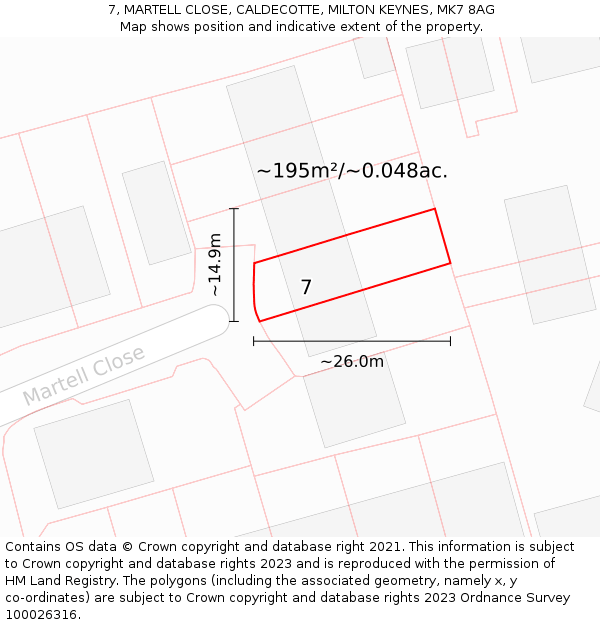 7, MARTELL CLOSE, CALDECOTTE, MILTON KEYNES, MK7 8AG: Plot and title map