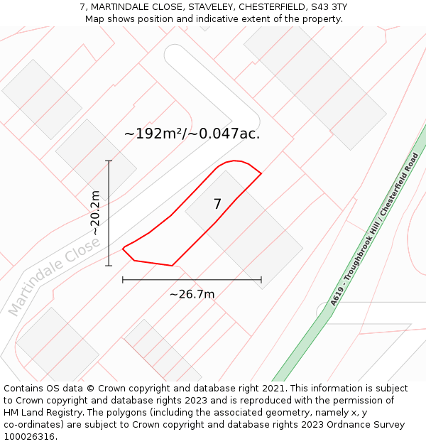 7, MARTINDALE CLOSE, STAVELEY, CHESTERFIELD, S43 3TY: Plot and title map