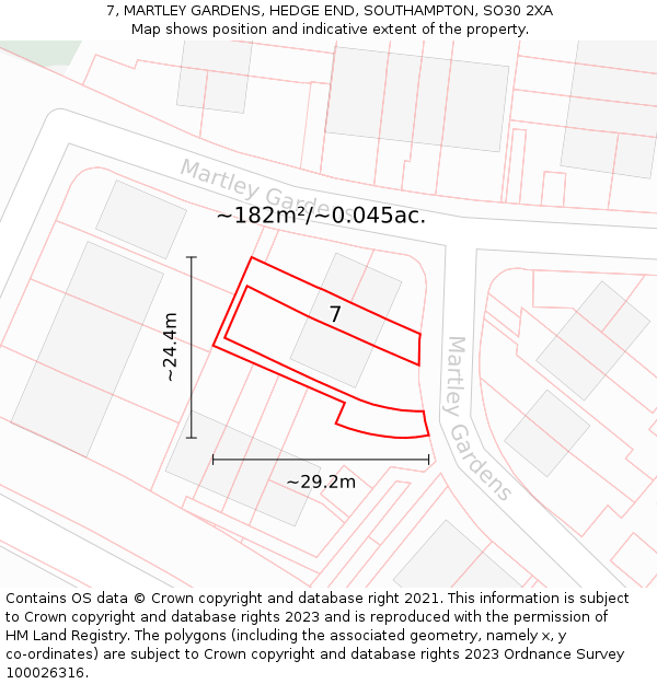 7, MARTLEY GARDENS, HEDGE END, SOUTHAMPTON, SO30 2XA: Plot and title map