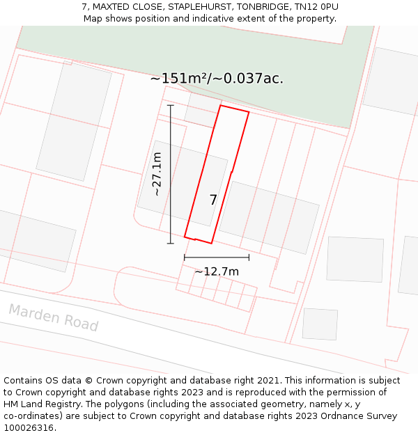 7, MAXTED CLOSE, STAPLEHURST, TONBRIDGE, TN12 0PU: Plot and title map
