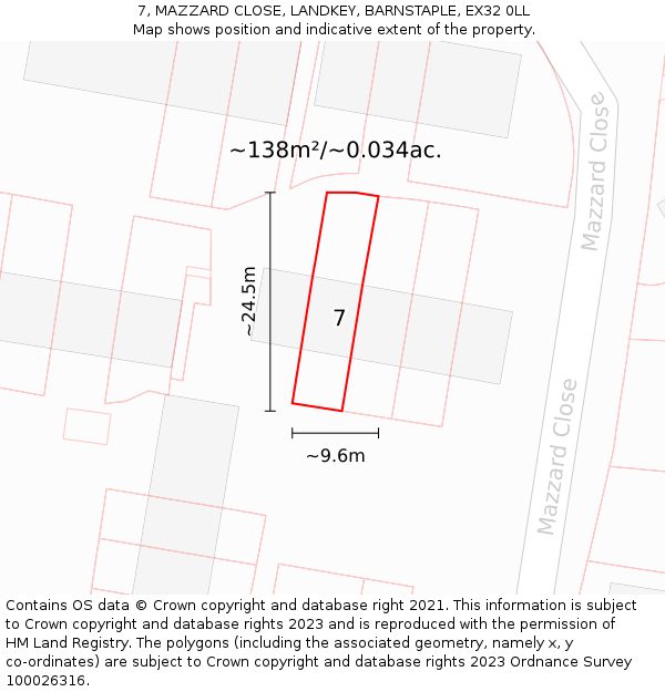 7, MAZZARD CLOSE, LANDKEY, BARNSTAPLE, EX32 0LL: Plot and title map