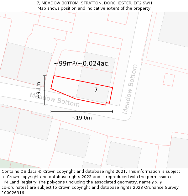 7, MEADOW BOTTOM, STRATTON, DORCHESTER, DT2 9WH: Plot and title map
