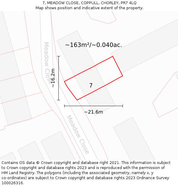 7, MEADOW CLOSE, COPPULL, CHORLEY, PR7 4LQ: Plot and title map