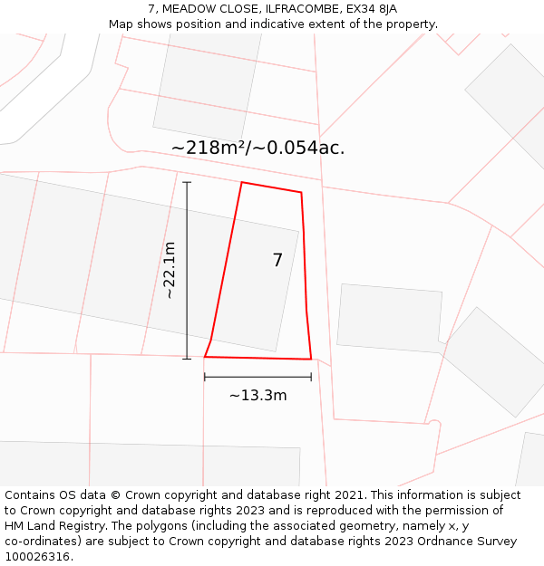 7, MEADOW CLOSE, ILFRACOMBE, EX34 8JA: Plot and title map