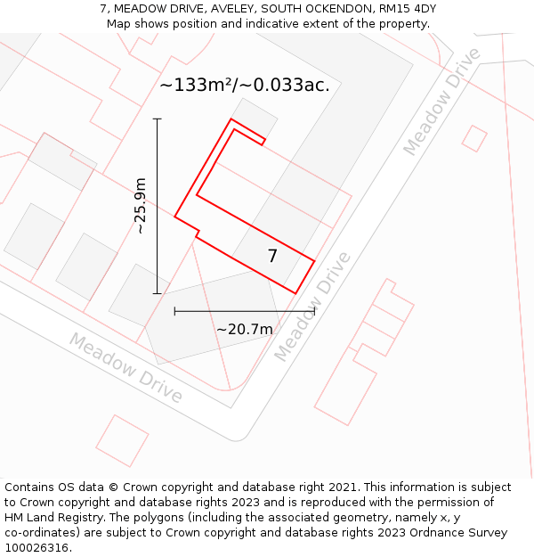 7, MEADOW DRIVE, AVELEY, SOUTH OCKENDON, RM15 4DY: Plot and title map