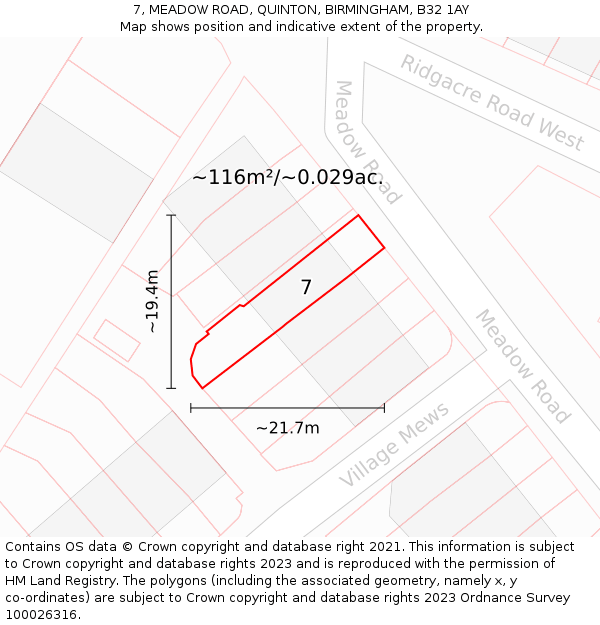 7, MEADOW ROAD, QUINTON, BIRMINGHAM, B32 1AY: Plot and title map