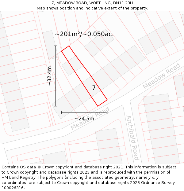 7, MEADOW ROAD, WORTHING, BN11 2RH: Plot and title map