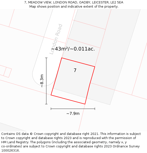 7, MEADOW VIEW, LONDON ROAD, OADBY, LEICESTER, LE2 5EA: Plot and title map