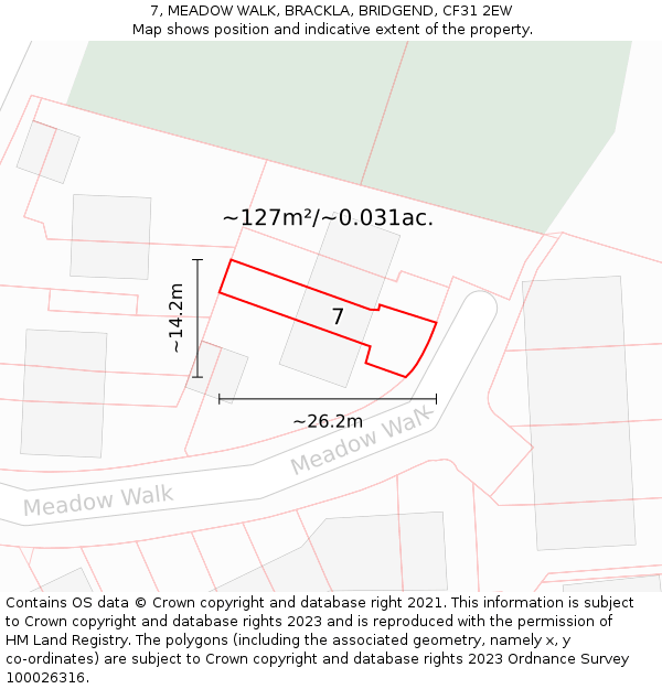 7, MEADOW WALK, BRACKLA, BRIDGEND, CF31 2EW: Plot and title map