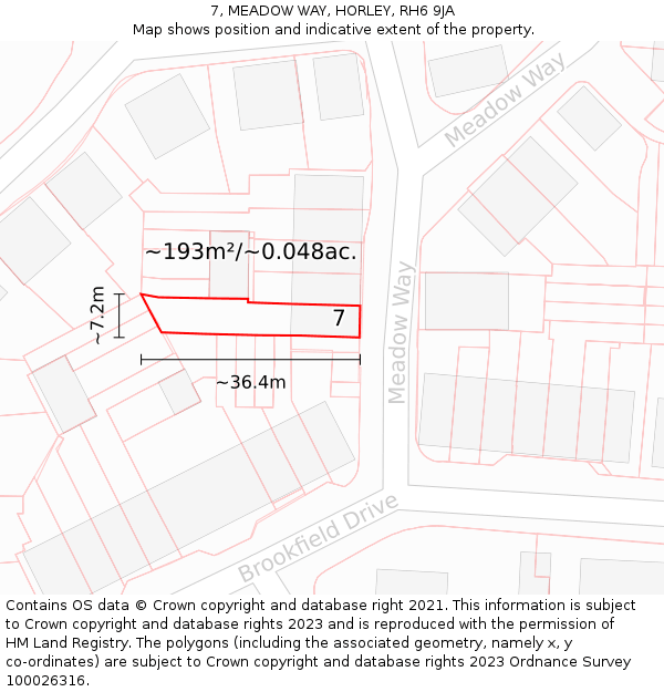 7, MEADOW WAY, HORLEY, RH6 9JA: Plot and title map